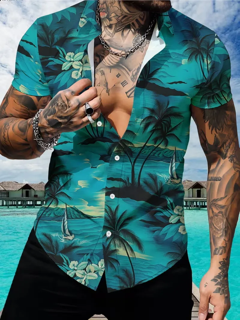 

Men's Palm Tree Print Hawaiian Shirt Short Sleeve Tropical Leaf Graphic Button Down Beach Cuban Shirt For Vacation