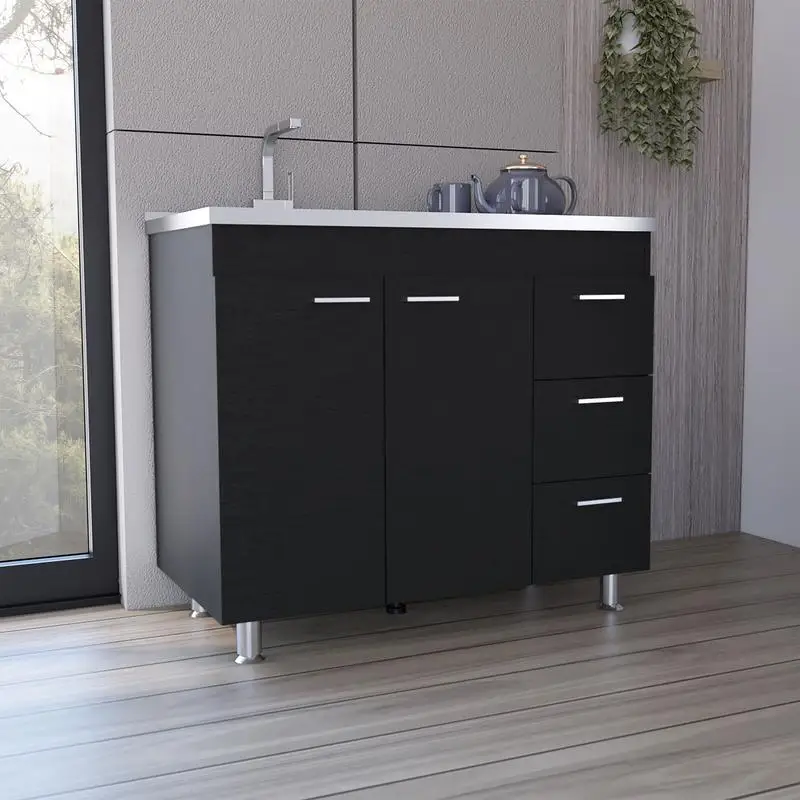 

Utility Sink with 3 Drawers & Double Door Cabinet - Black Finish, Versatile Storage Solution for Laundry or Utility Rooms