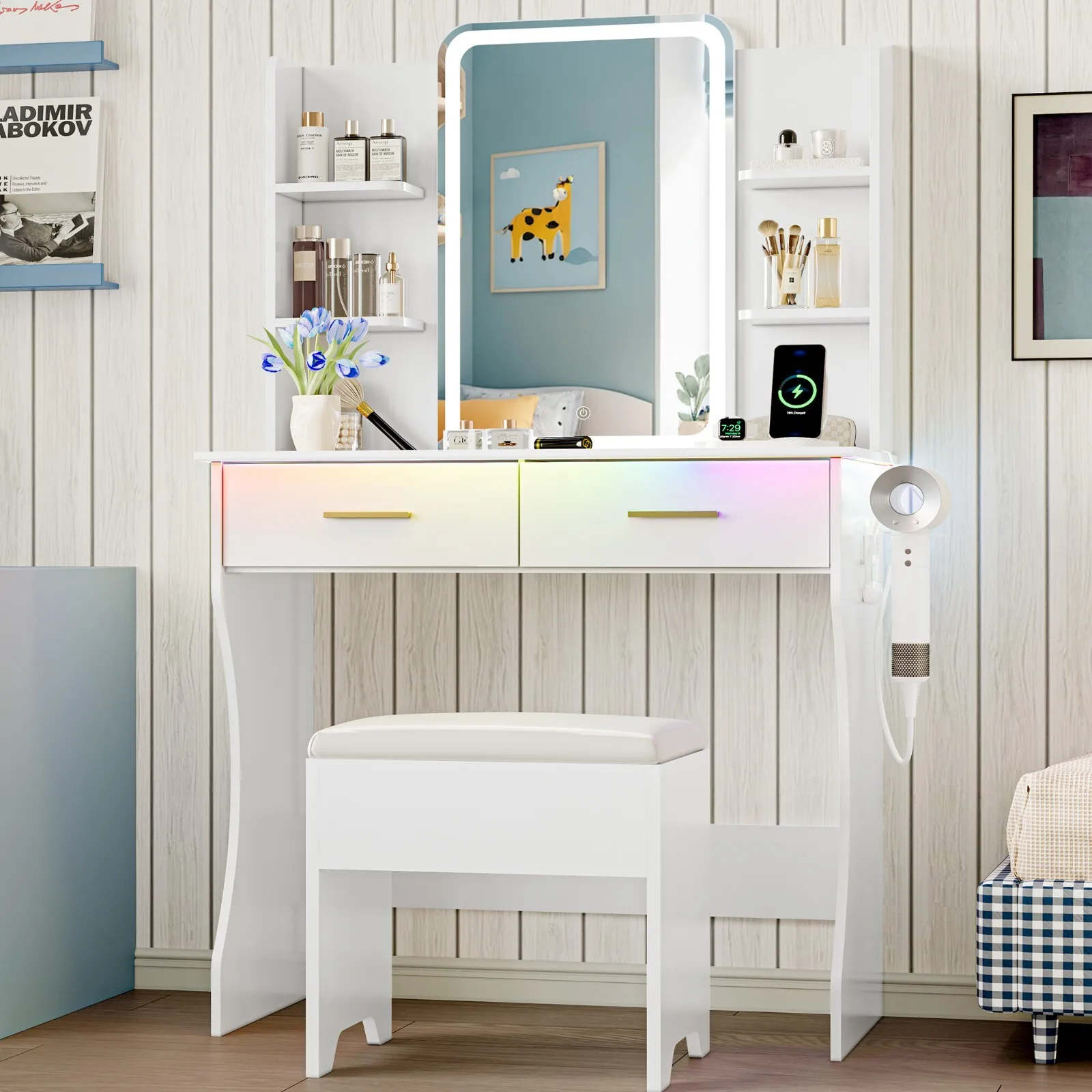 Tocador de maquillaje, tocador LED con espejo iluminado, tocador de maquillaje para dormitorio