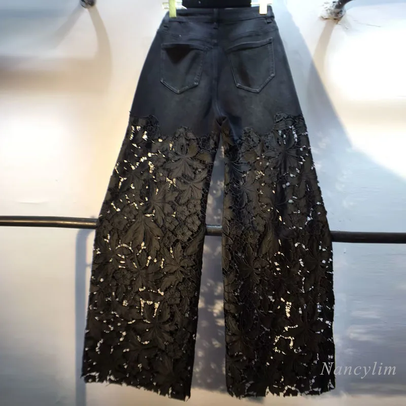 European Black Lace Denim Pants, 2025 Summer New Heavy Industry Beads Hot Diamond Denim Splicing Crochet Hollow Lace Jeans Women