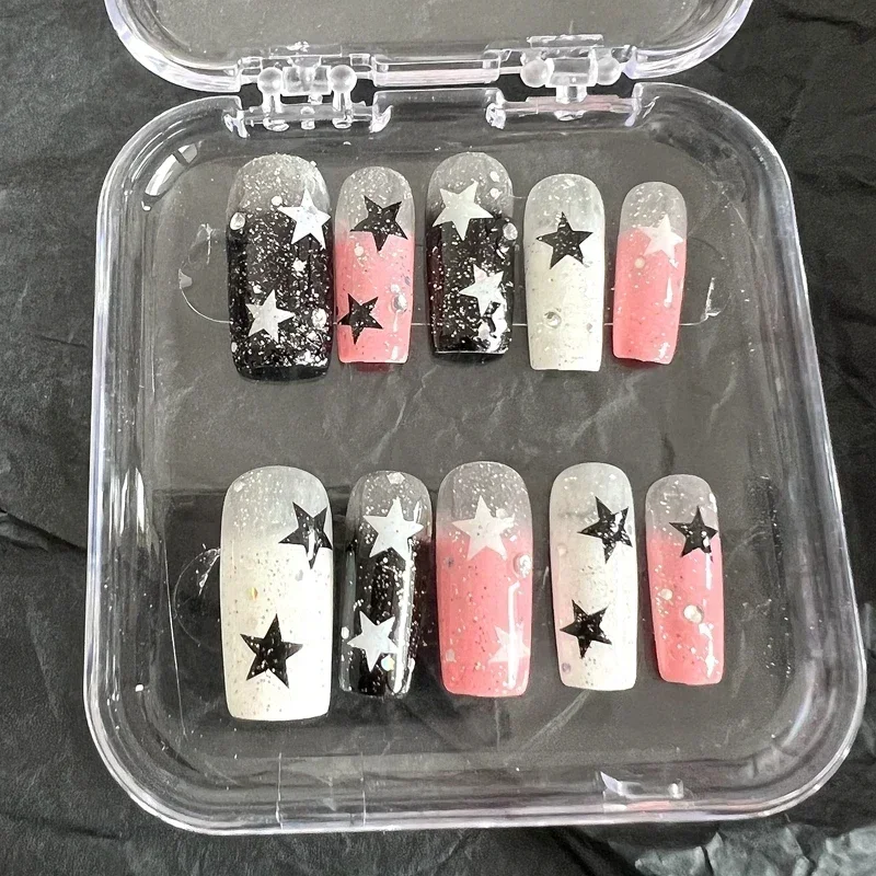 Handmade Y2K Press On Nail Pink Short Square Fake Nail With Glue Glittery Reusable Long Coffin False Nails Full Cover Nail Tips