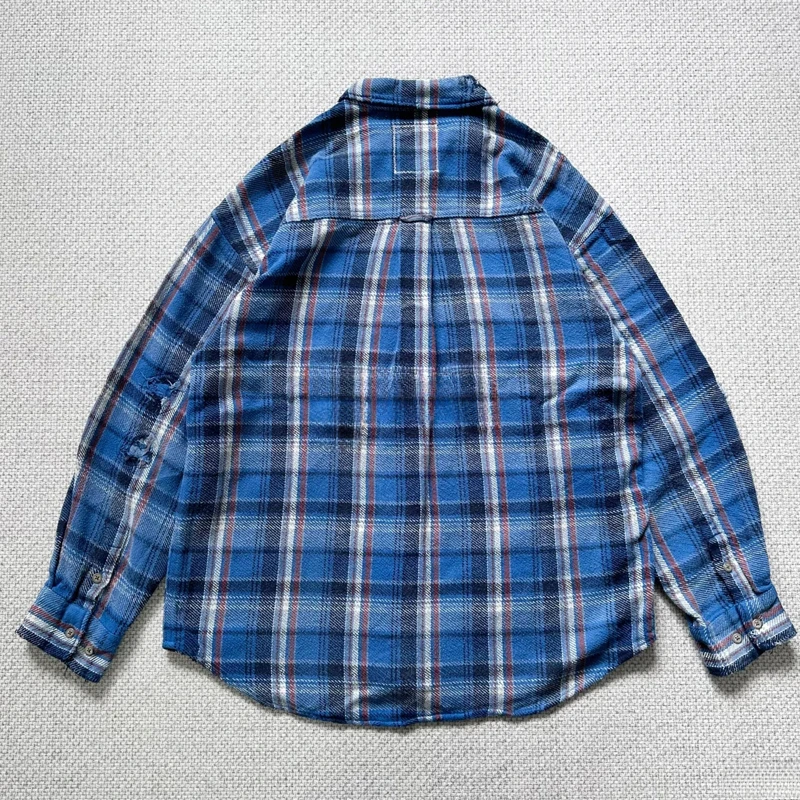 Japan Style MADNESS Long-sleeved All-match Shirt Casual Retro Splice Hole Blue Checked Neutral Blouse MDNS Shirts