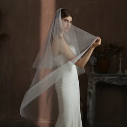 V308 Elegant Wedding Bridal Handmade Veil Two-Layer Soft Tulle Crystal Beading White Long Brides to Be Headdress Veil