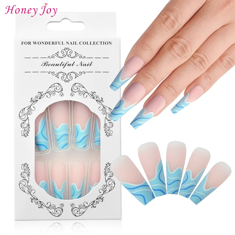 24pcs blue white Wavy lines Detachable Long Ballerina False Nails With Design Wearable Fake Nails Full Cover Nail Tips