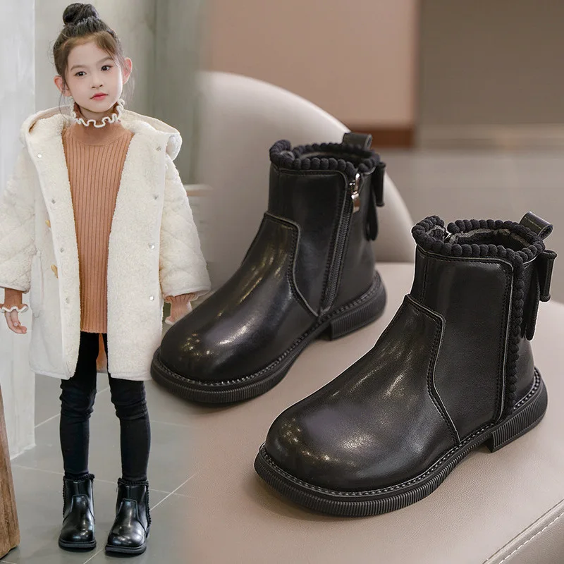 Girls' Short Boots Round Head Anti Slip Children Ankle Boots with Sweet Bow 2024 New Girls' Chelsea Leather Boots with Side Zip