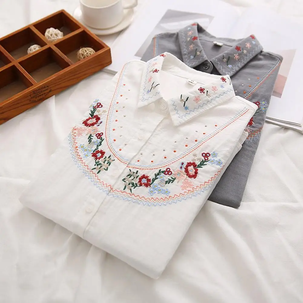 

Embroidered Floral Blouse Women Long Sleeve Shirt Embroidered Flower Pattern Lapel Shirt for Women Long Sleeve Loose Fit Top