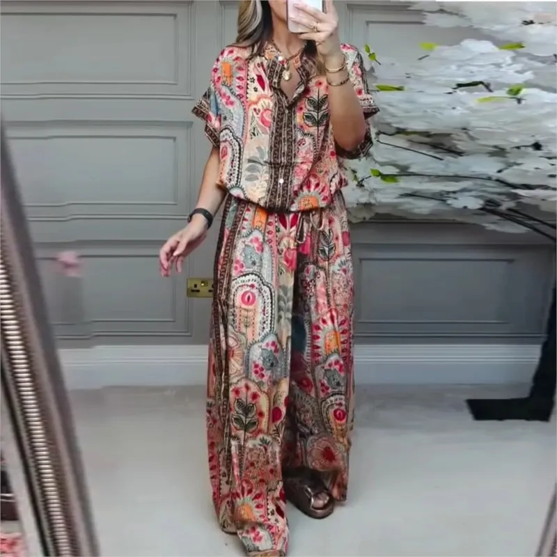 

Retro Bohemian Print Set 2025 Summer Women's Two-piece Suit Short-sleeved Shirt Top + Wide-leg Pants for Summer Vacation Female