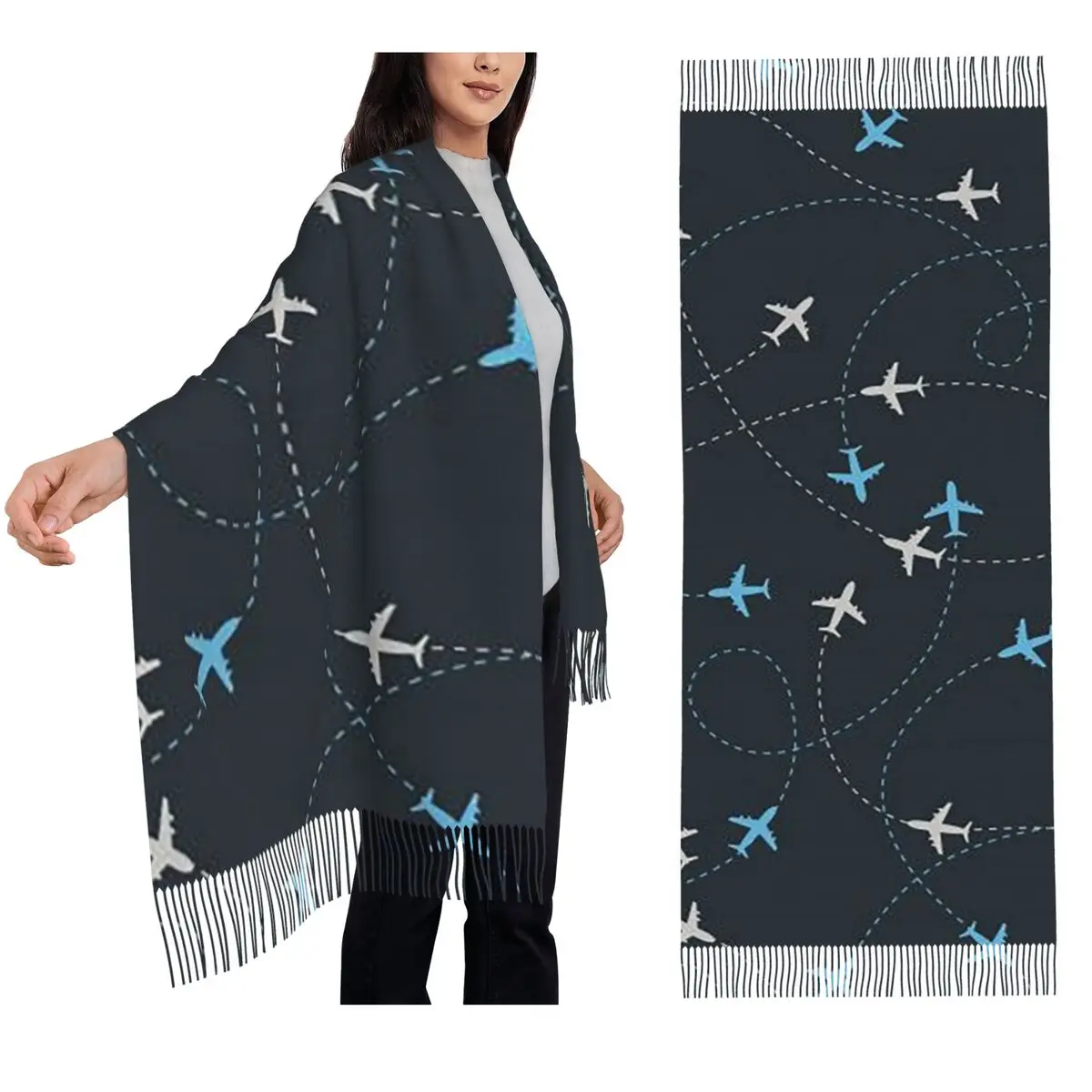 Airplane Flight Routes Captain Aviator Pilot Scarf Tassel Scarves Women Soft Warm Shawls and Wraps Long Fall Winter Shawl Wrap
