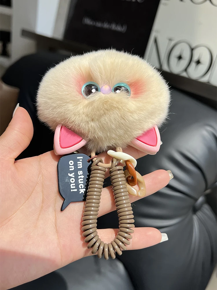 Plush Cat Keychain For Women Real Rabbit Fur Ball Kitten Keyring Student Gift Bag Lanyard Bag Pendant Cheap Gift For Friends