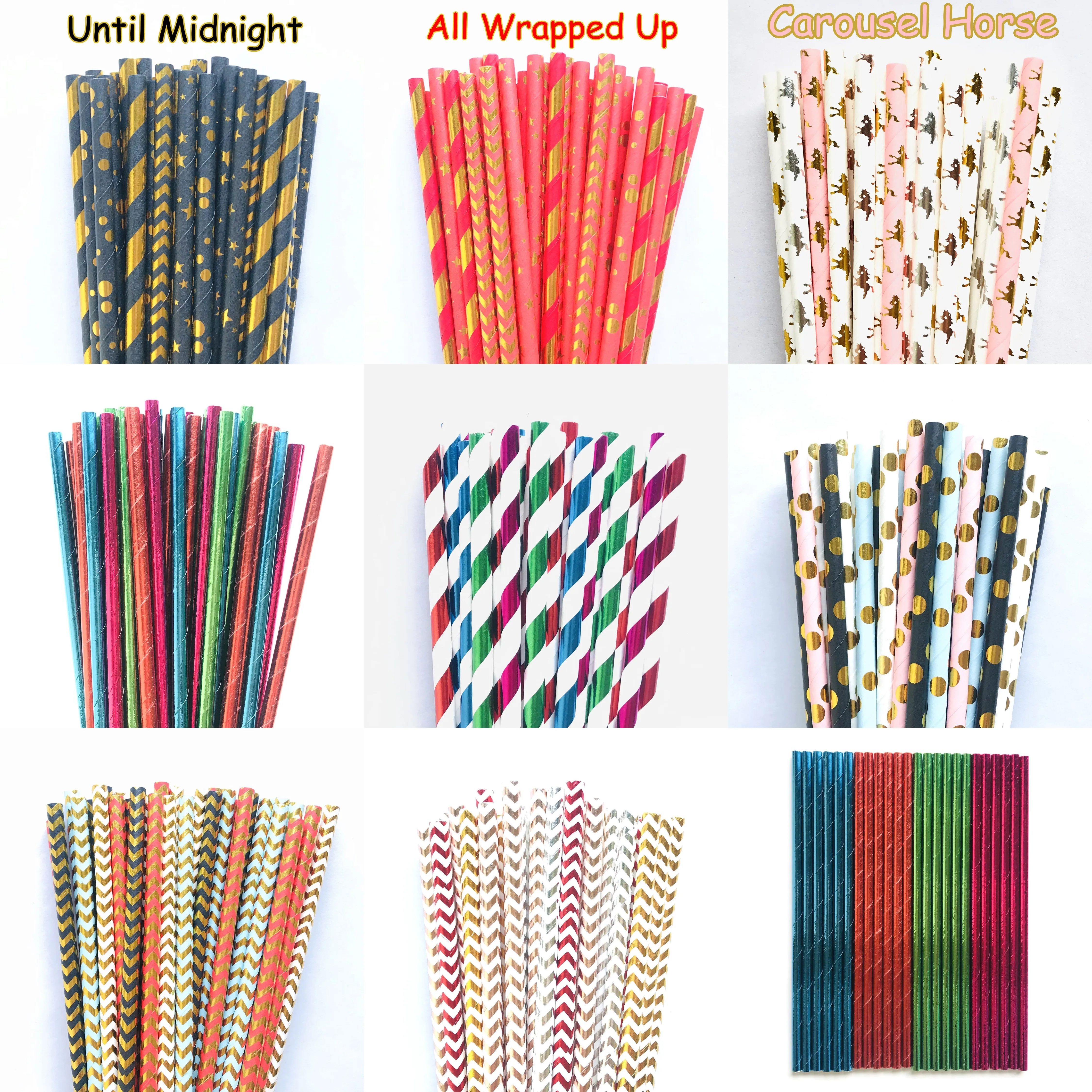 200 Pcs Mixed Foil Metallic Paper Straws-Colorful Glitter Solid Stripe Chevron Dot Star Horse New Year Christmas Holiday Party