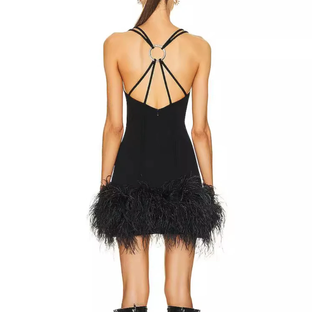 TWOTWINSTYLE – robe amincissante et Sexy pour femmes, couleur unie, col carré, sans manches, Patchwork de plumes, vêtements féminins