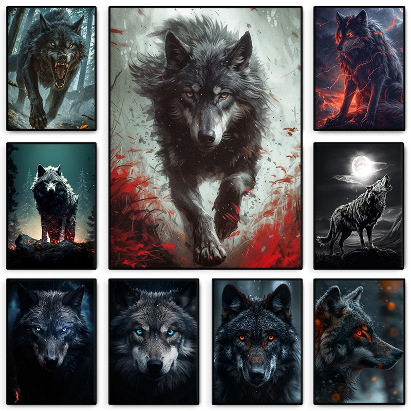 1pc frameless Canvas Painting Black Wolf with Red Eyes Poster Fierce Wild Animal Wolfs Bellow Canvas Painting Wall Art for Livin