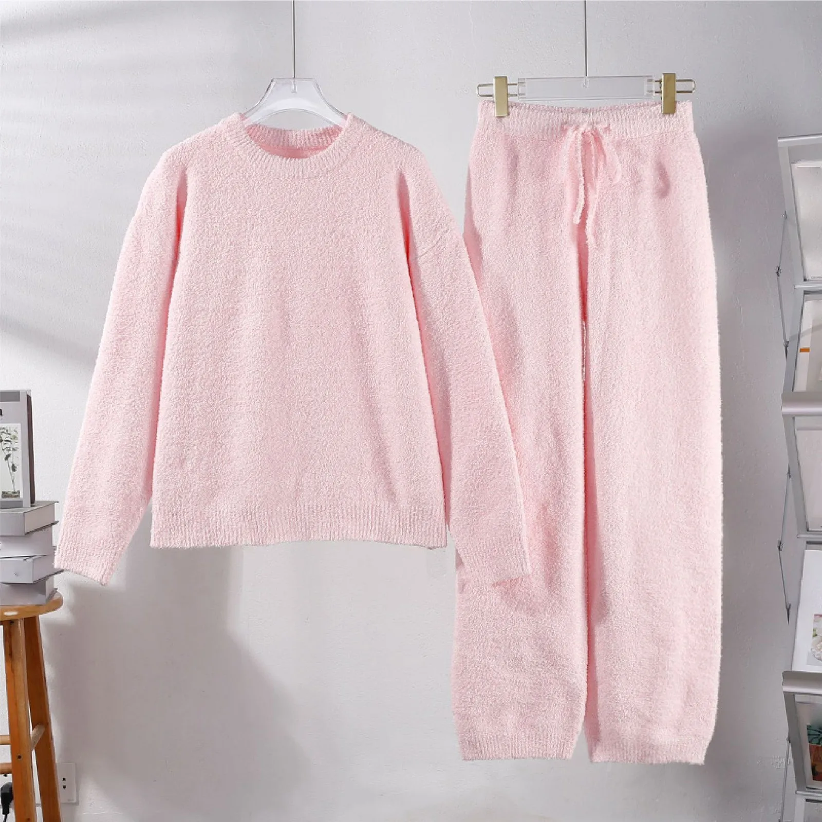 Women's Fuzzy Fleece Pajama Sets 2 Piece Outfits Long Sleeve Top Wide Leg Pants Casual Womens Ski Bibs Women Coat Dress Set