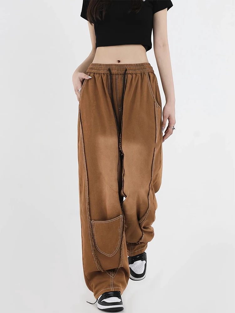 Women Vintage Streetwear Washed And Worn Out Straight Pants High Waist Casual Baggy Wide Leg Sports Pants Jeans Ladies