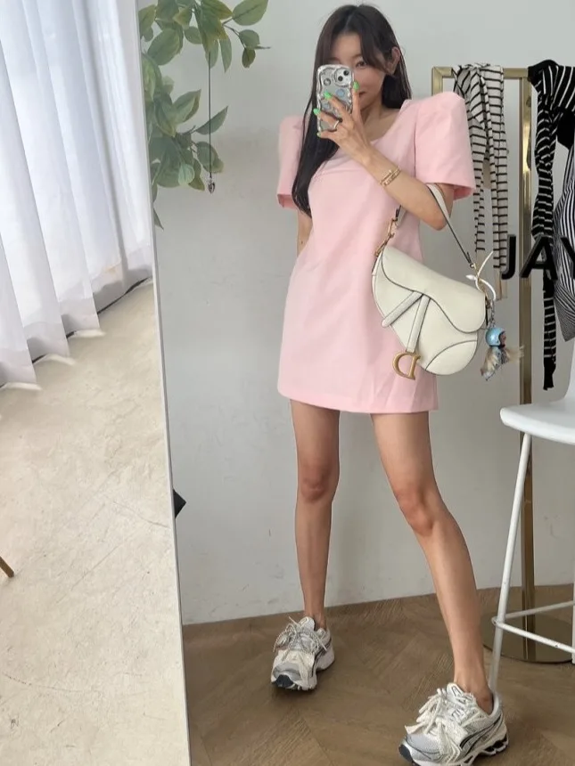 تنورة نسائية بتصميم A-Line صغيرة الحجم من أسيتات الخل المضاد للشيخوخة بأكمام فقاعية وطوق مربع، طراز صيفي جديد لعام 2025 من دو...