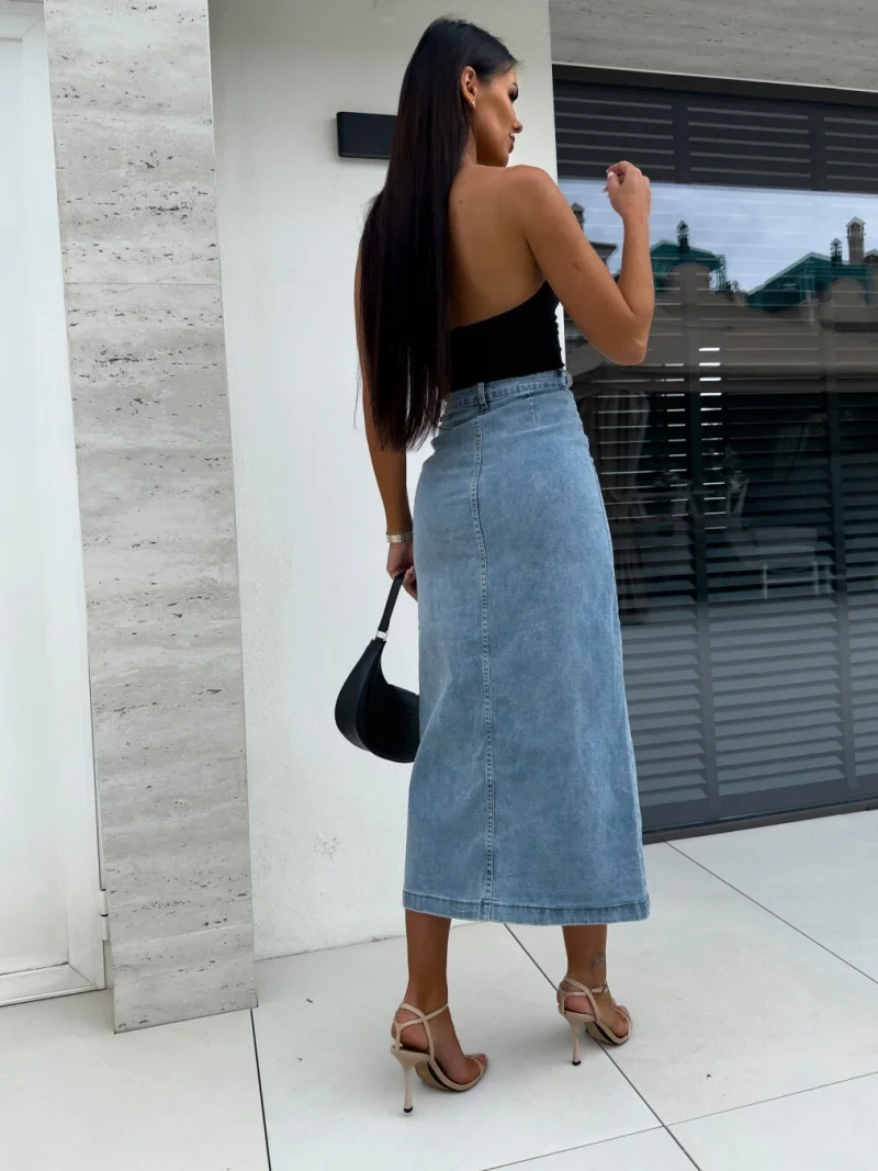 الشارع الشهير الدنيم تنورة الخريف ملابس النساء عالية الخصر الجانب زر حتى Bodycon التنانير الطويلة خمر كل مباراة جان تنورة قيعان