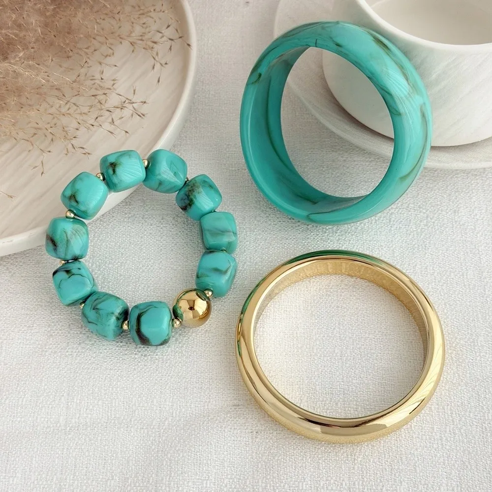 3Pcs/set Vacation Style Resin Bangle Gradient Resin Bead String Bead Bracelet Plain Metal Elastic Cord Metal Wrist Band