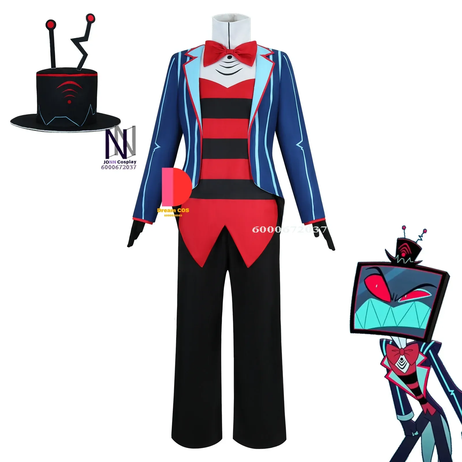 

Anime Hazbin Hotel Vox Cosplay Costume Uniform with Coat Pants Outfit for Men Halloween Carnival Blue Red Suit Role Play New