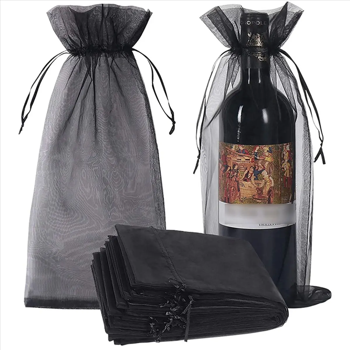 Okay 90Pcs Black Organza Wine Bottle Bags, Sheer Mesh Bottle Gift Pouches Wine Covers Dresses with Drawstring for Halloween