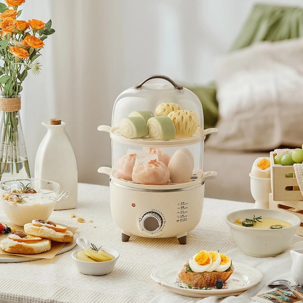 Egg cooker, double-layer timed egg steamer, multi-functional timed breakfast machine, no steaming bowl