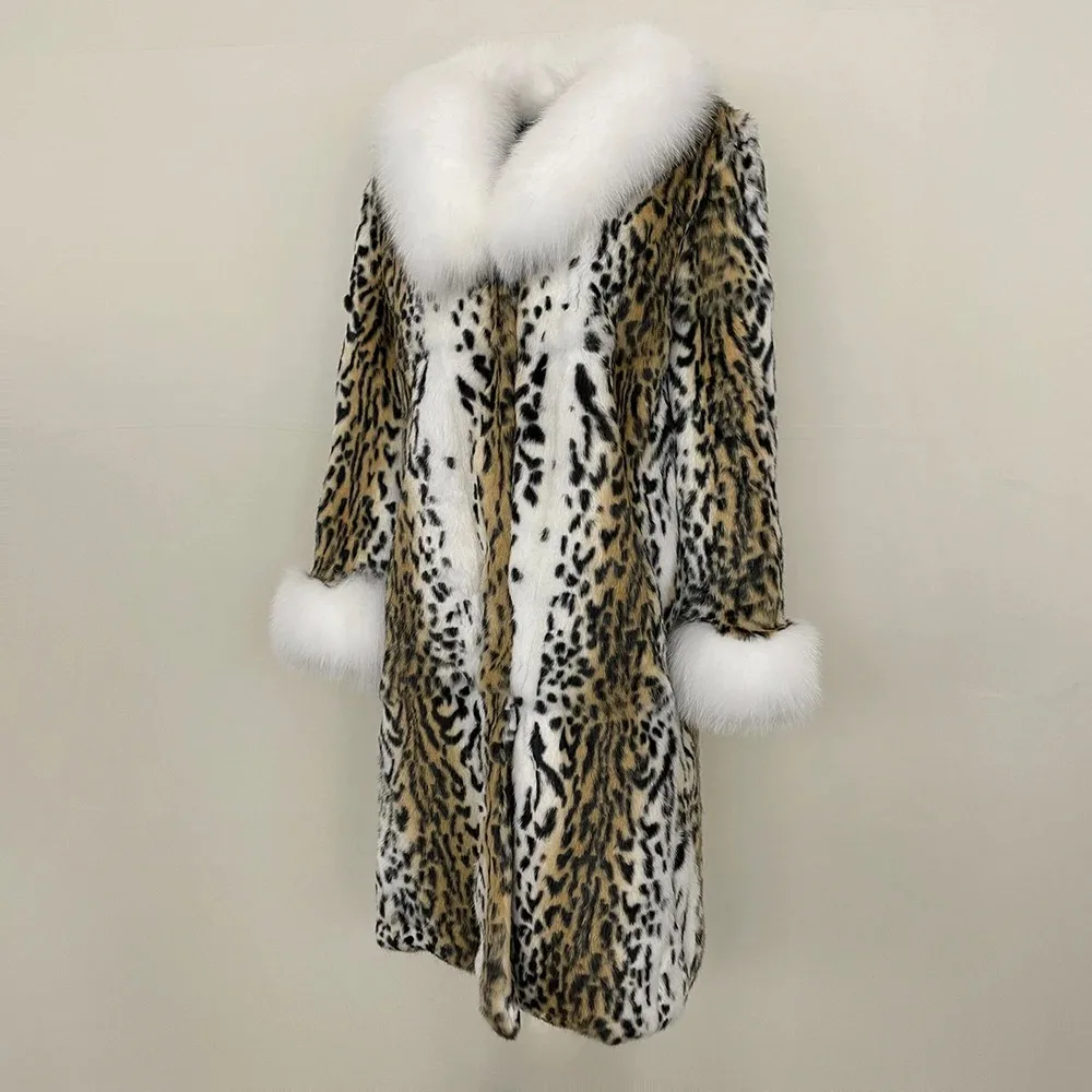 Natural Rabbit Fur Coat Leopard Print Fox Fur Collar 2024 Autumn Winter Long Fashionable Thickened Warm fur Coat One-piece Women