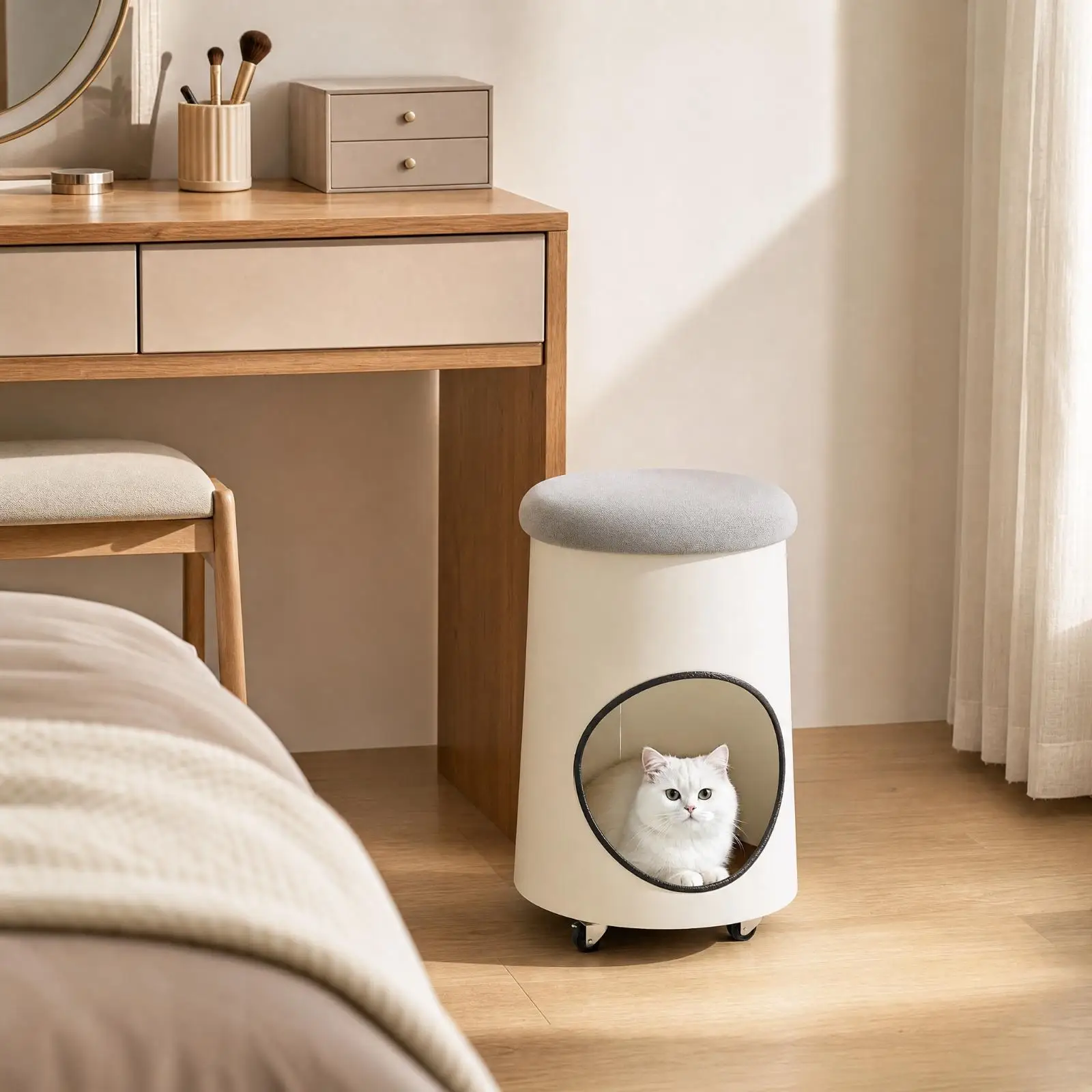 Enclosed Cat Retreat Stool for Indoor Kittens with Leatherette for seat and Smooth Gliding Casters