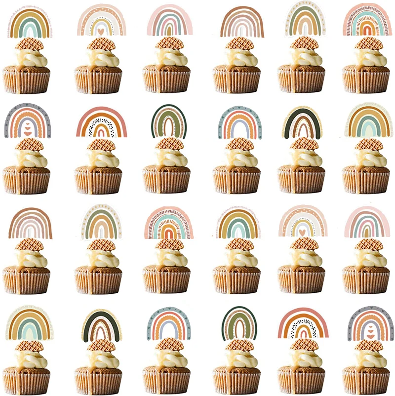 12pcs Boho Rainbow Bohemian Cake Toppers Girl Boy Birthday Wedding Baby Shower Party Supply Cupcake Topper Boho Theme Party Deco