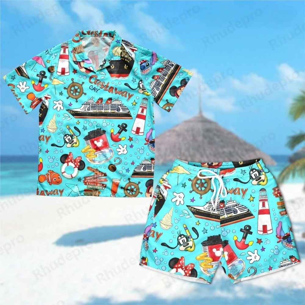 

Disney Castaway Cay Cruise Trip Hawaiian Shirt Set Beach Shorts Set Mens Mickey Summer Casual Vacation Short Sleeve Shirt Suit
