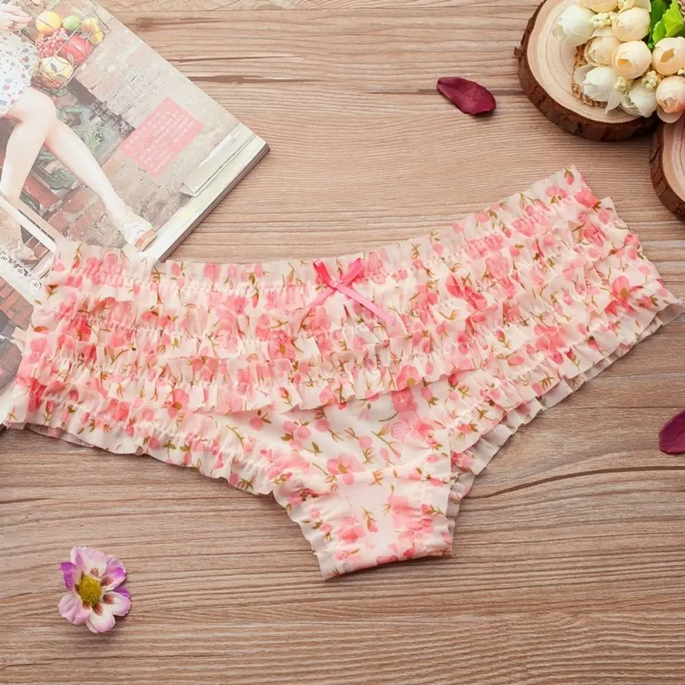 Translucent Cute Women Panties Lace Ruffles Bow Mesh Low Waist Briefs Sweet Printed Polka Dot Female Underwear Knickers