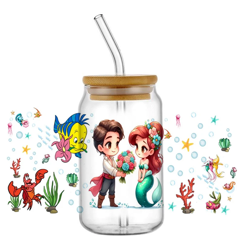 Miniso Mermaid Pattern UV DTF Transfer Sticker Waterproof Transfers Decals for 16oz Glass Cup Wrap Stickers