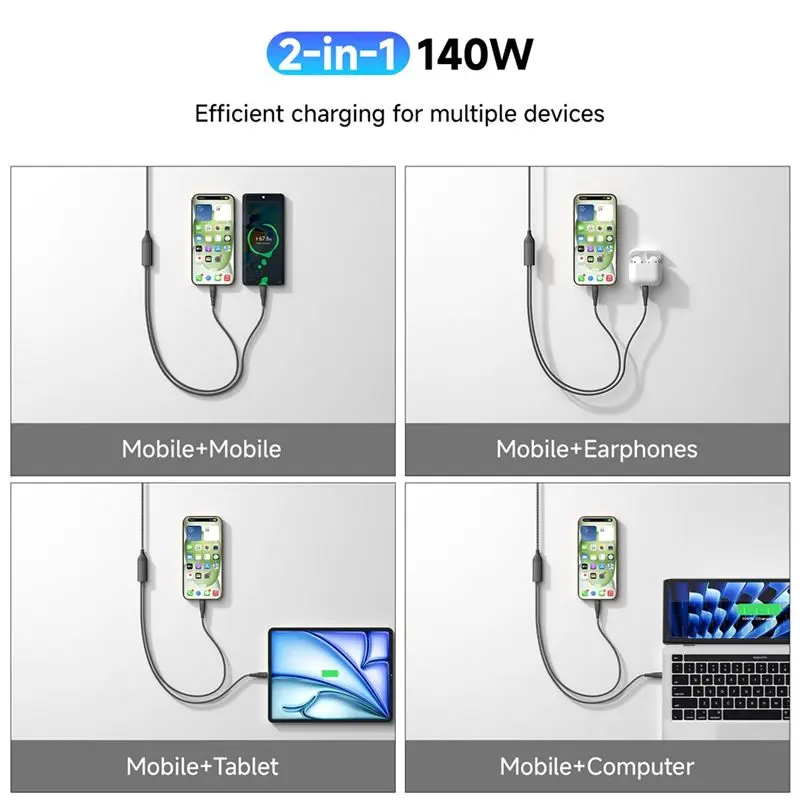 ABFN-Dual Port USB-C To USB-C Data Cable 2 In 1 USB-C Cable Max PD 140W Fast Charging For Huawei PC Laptop