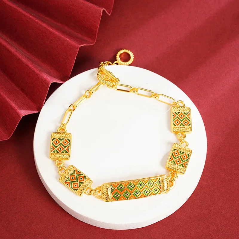 

Women's 24K Gold Striped Bracelet | Traditional chiseled ethnic patterns, square Ruyi with gem - striped inlay, noble & elegant