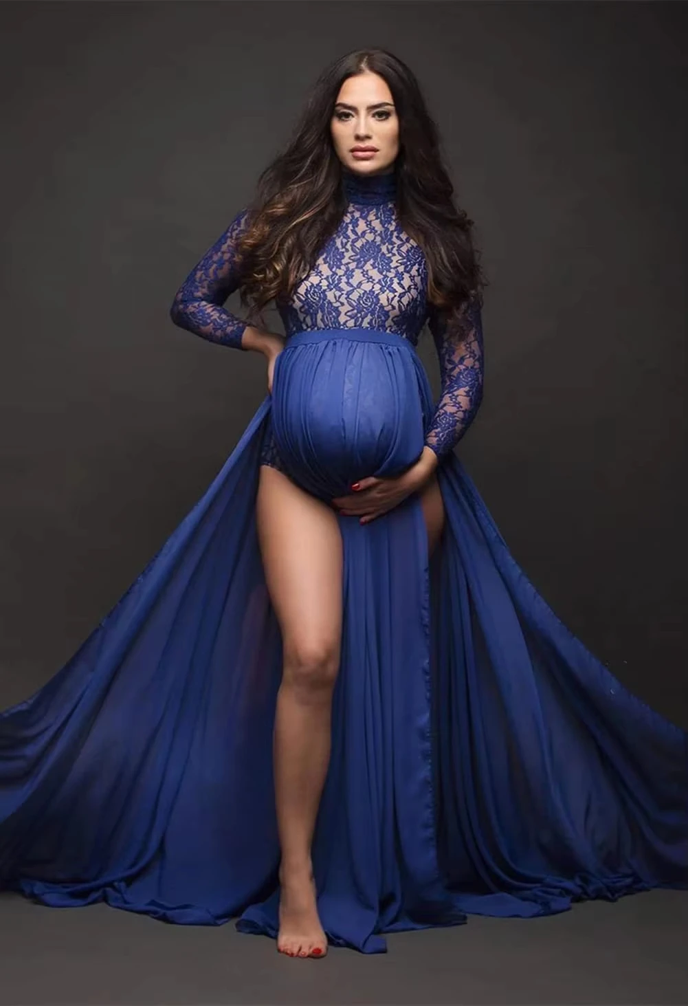 Elegant Lace Maternity Photography Clothing Removable Chiffon Tail Bodysuit for Pregnant Women Gender Reveal Party Gown