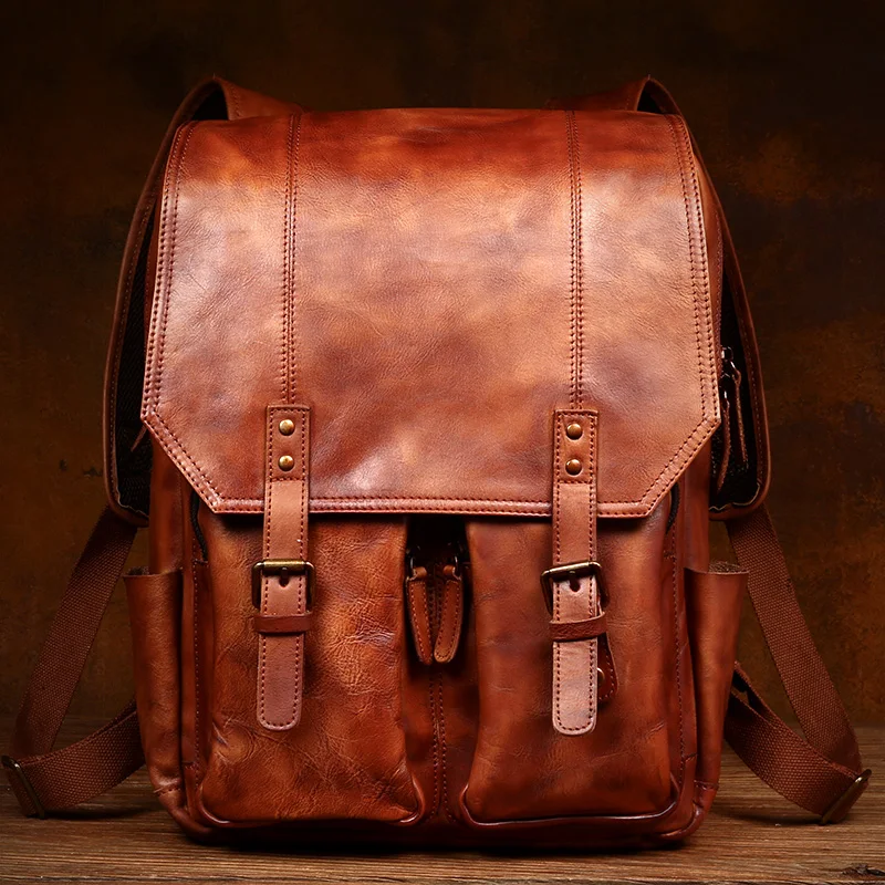 

Men's luxury designer Vintage Travel Backpack Handmake Soft Distressed Cognac Leather Rucksack Knapsack Bucket Gifts For Man Bag