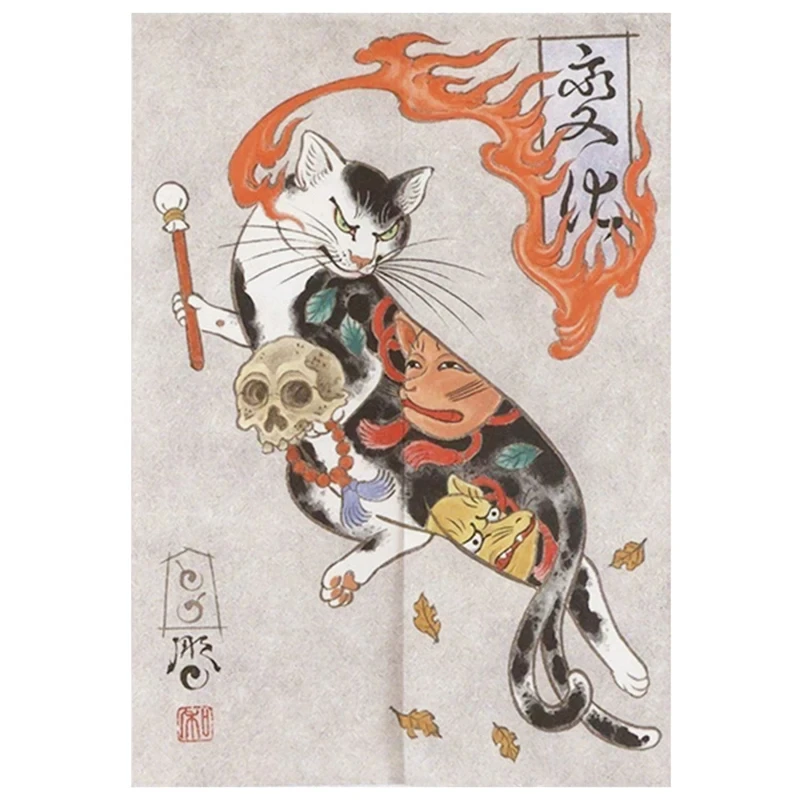 Rideau de Porte Noren avec Tatouage de Chat Japonais Ukiyo-e, Imprimé, pour Cuisine, Chambre à Coucher, Décoration d\'Entrée, Demi-Rideaux