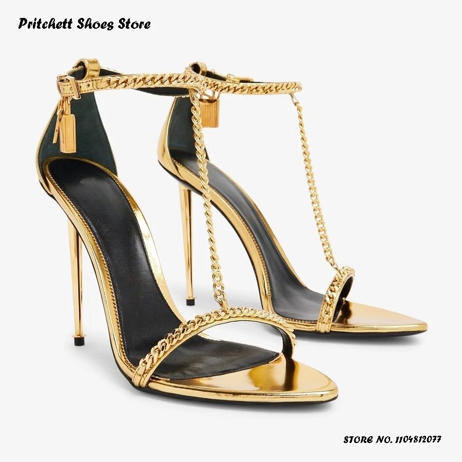

Women's Gold Padlock and Chain Sandals Fashion Pointed Toe Metal Thin Heels Party Shoes Summer Cover Heel T-strap Stilettos