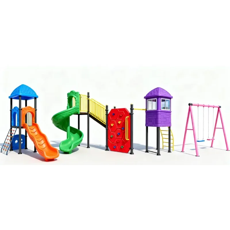 Outdoor play equipment with slides and climbing frames, suitable for school playgrounds