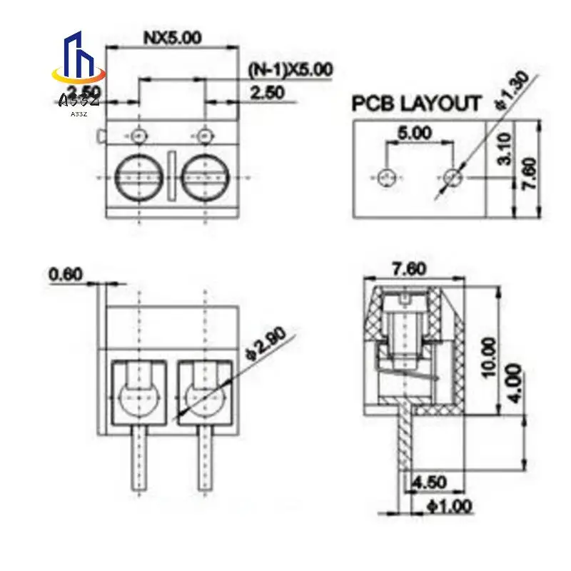 

A33Z-100Pcs KF301-2P 2-контактный винтовой клеммный разъем, шаг 5 мм, 15 А, 300 В, сращиваемый