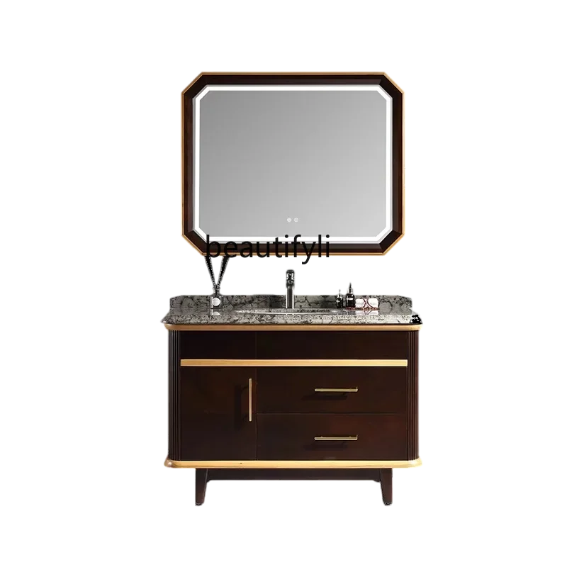 G8578 Chinese Style Black Walnut Bathroom Cabinet Washstand Floor Cabinet Wash up Sink Light Luxury Wash Basin