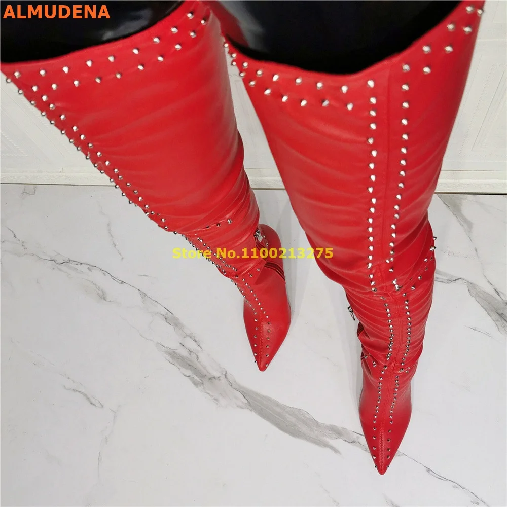 Rivet Red Thigh High Boots Plain Side Zipper Stiletto Heel Pointed Toe Western Boots Over The Knee Matte Leather Fashion Boots