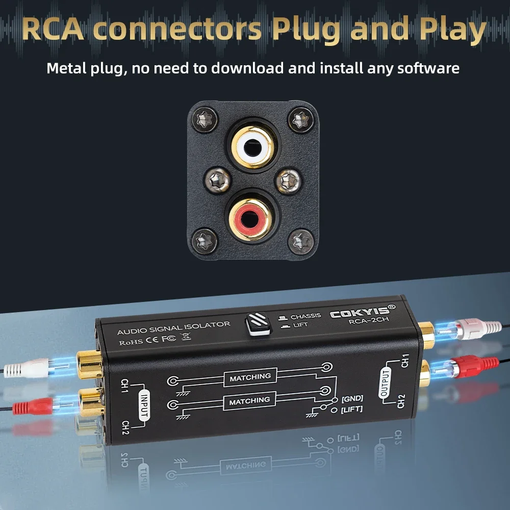 

2 Channel Ground Loop Noise Isolator Sound Signal Filter Hum Eliminator 2CH for Conference Microphone Mixer Player
