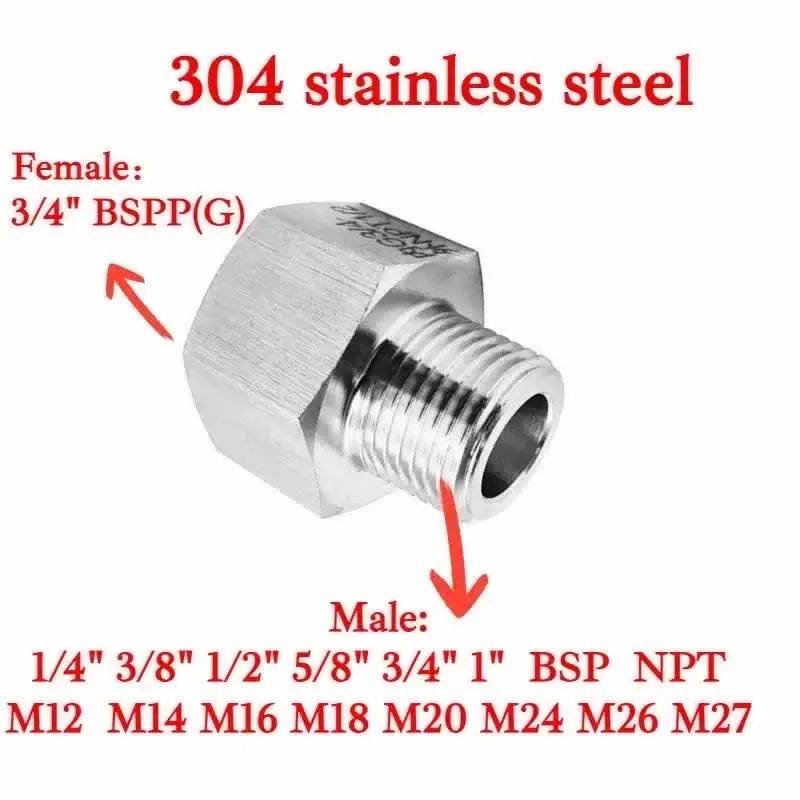 Adaptador Redutor Hexagonal de Alta Pressão G3/4" BSPP Fêmea para Macho M12 14 16 1/4" 3/8" 1/4"BSP NPT em Aço Inoxidável 304 para Manômetro
