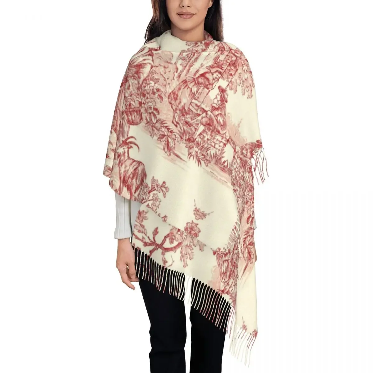 Luxury French Country Toile De Jouy Tassel Scarf Women Winter Warm Shawl Wrap Ladies Motifs Scarves