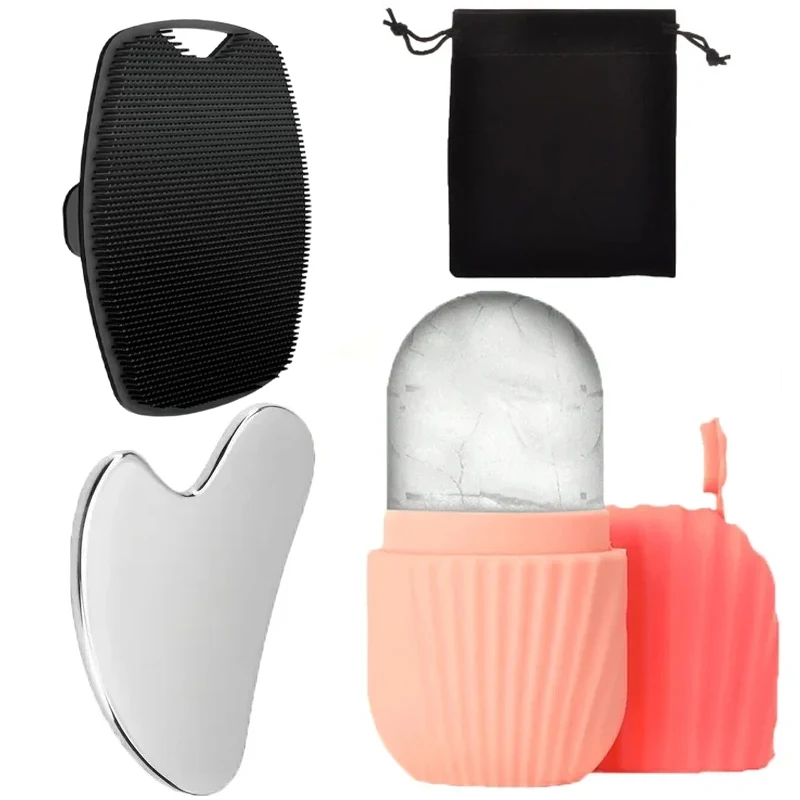 Set de 4 Piezas para Cuidado Facial en Casa: Rodillo de Hielo, Tabla Gua Sha de Acero Inoxidable, Cepillo de Limpieza Facial de Silicona, Almacenamiento Portátil