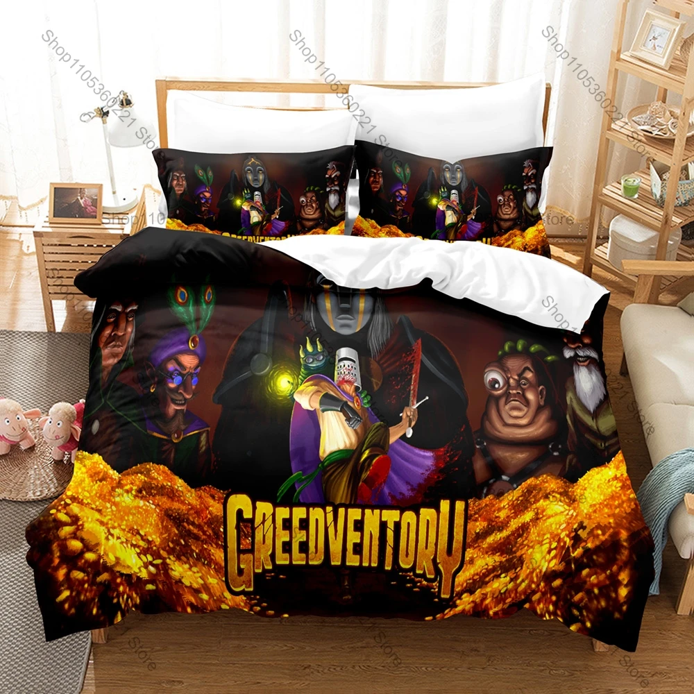 Icon Greedventory Game Logo Pixel Graphic Bedroom Decor Bedding Duvet Cover + 2 Pillowcases Roguelike Game Fan Room Decor