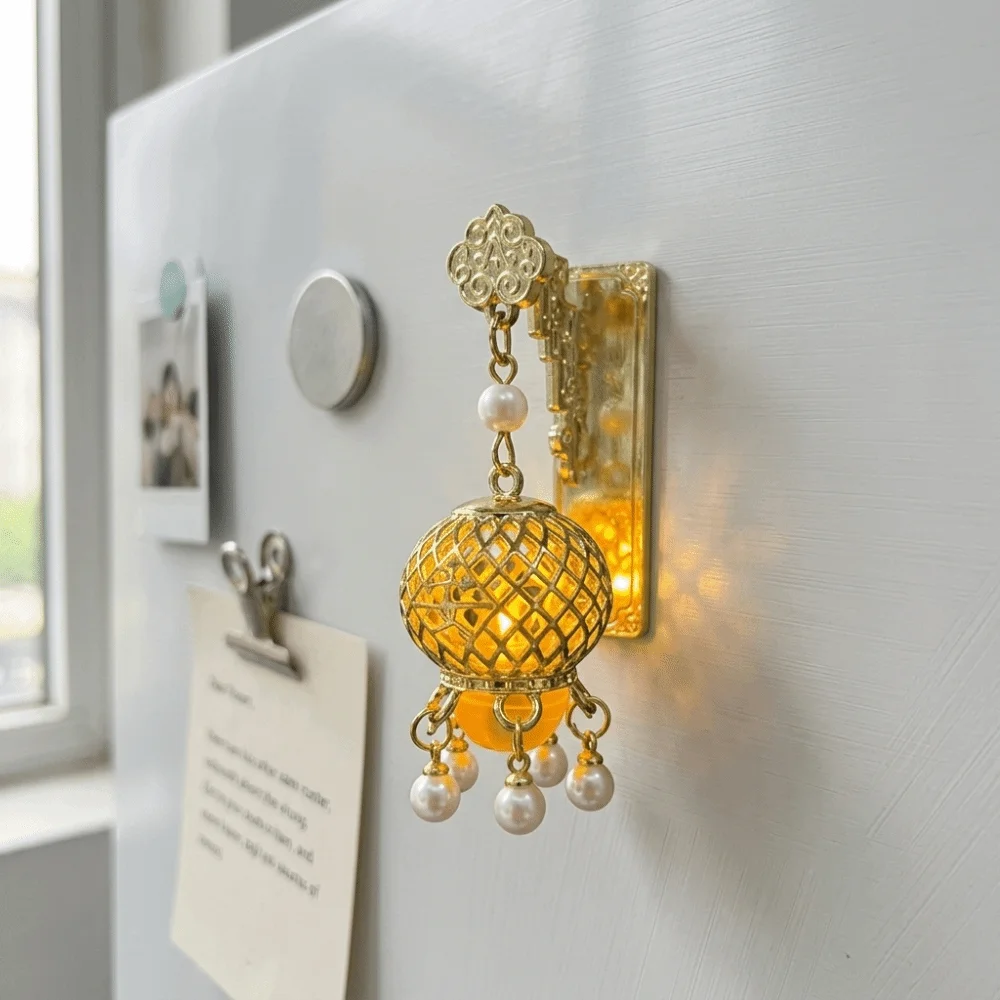 3D Glowing Lantern Fridge Magnet Retro Openwork Design Hanging Lantern Refrigerator Magnet with Faux Pearls LED Light