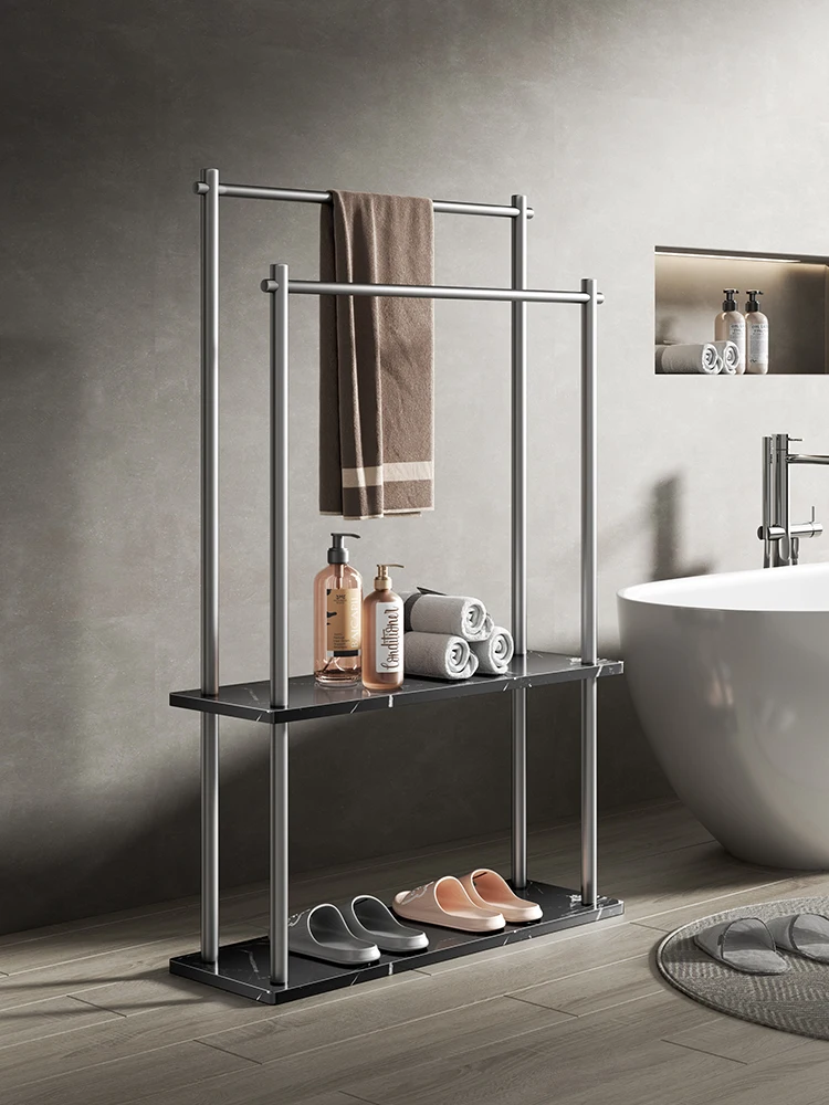 Solid thickened floor to ceiling marble bathroom shelf, bathroom towel rack, bathtub towel rod, clothes and hat hanger