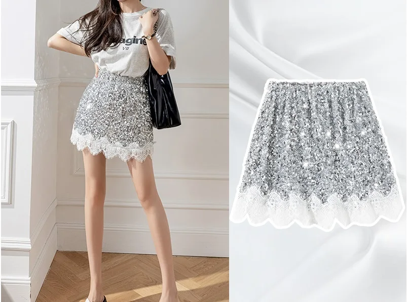 2023 niche heavy industry sequin skirt slimming off Spring/Summer new high waisted lace patchwork A-line short skirt