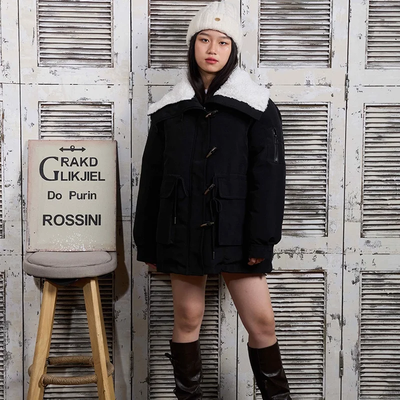 

ort Parka Sle Cotton Jaet Lamb Fur Collar Button Design Casual Workwear Thiened Cotton for Women in Winter Season