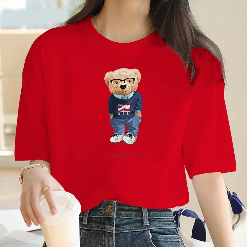 Camiseta informal de manga corta con estampado de oso de dibujos animados para mujer, Camiseta holgada de gran tamaño con cuello redondo, moda Y2K,